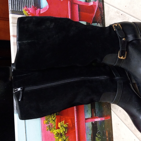 Lauren Ralph Lauren MARION Boots Black Leather/Suede Flat 6B Buckle Zip - Picture 4 of 10